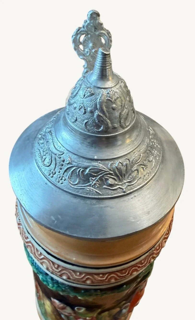 Vintage West German 1L Beer Stein Pewter Lid Hopfen Malz Relief 11.5